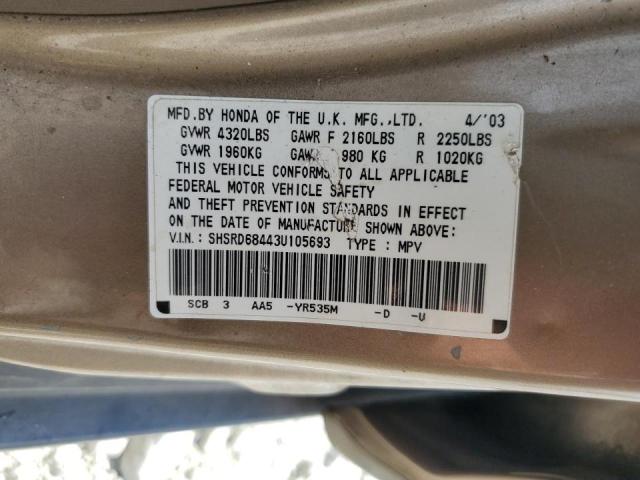 Photo 10 from auction – 2003 HONDA CR-V LX with VIN SHSRD68443U105693