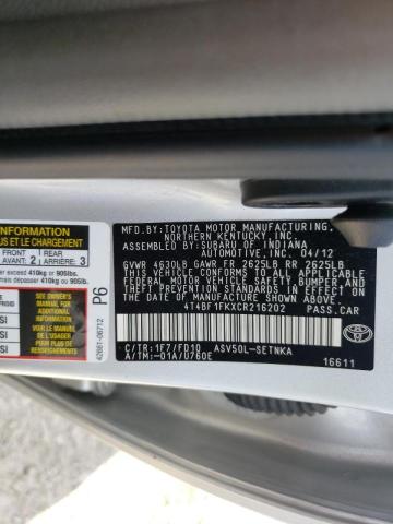 Photo 10 from auction – 2012 TOYOTA CAMRY BASE with VIN 4T4BF1FKXCR216202