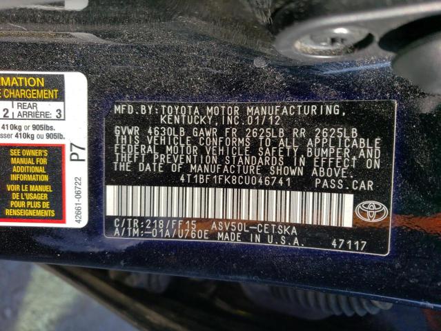 Photo 10 from auction – 2012 TOYOTA CAMRY BASE with VIN 4T1BF1FK8CU046741