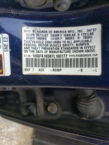 Photo 10 from auction – 2007 HONDA CIVIC LX with VIN 1HGFA16587L100177