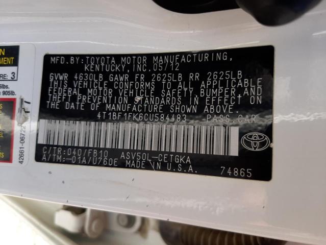 Photo 10 from auction – 2012 TOYOTA CAMRY CE with VIN 4T1BF1FK6CU584483