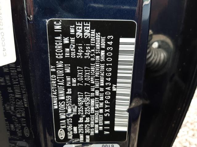 Photo 10 from auction – 2016 KIA SORENTO LX with VIN 5XYPGDA34GG100343