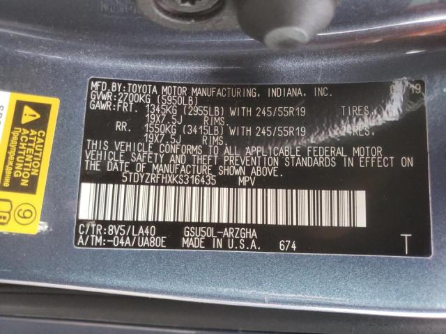 Photo 10 from auction – 2019 TOYOTA HIGHLANDER with VIN 5TDYZRFHXKS316435