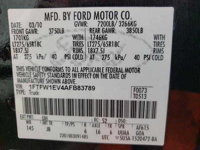 Photo 10 from auction – 2010 FORD F150 SUPER with VIN 1FTFW1EV4AFB83789
