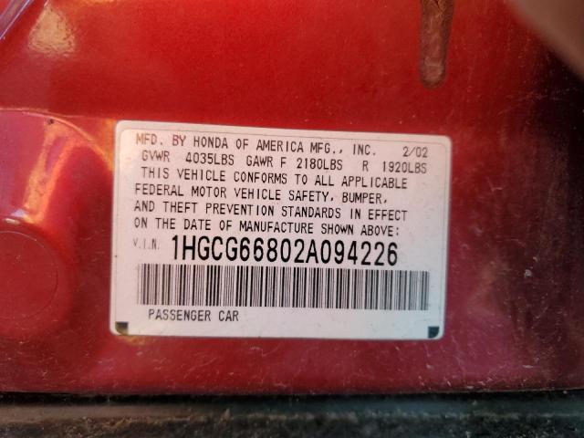 Photo 10 from auction – 2002 HONDA ACCORD EX with VIN 1HGCG66802A094226