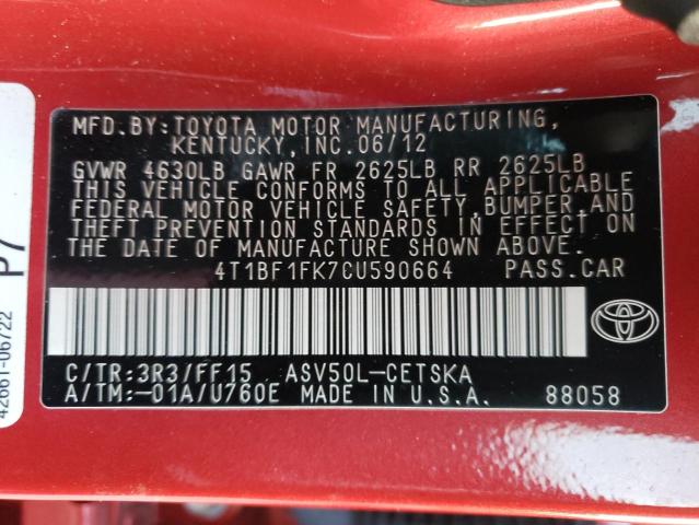 Photo 10 from auction – 2012 TOYOTA CAMRY BASE with VIN 4T1BF1FK7CU590664