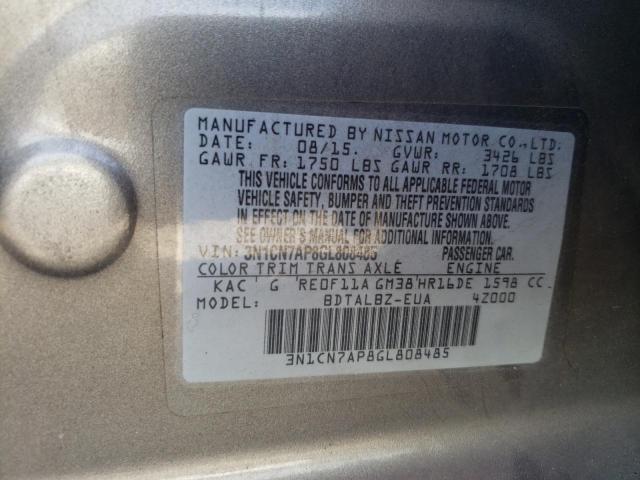 Photo 10 from auction – 2016 NISSAN VERSA S with VIN 3N1CN7AP8GL808485