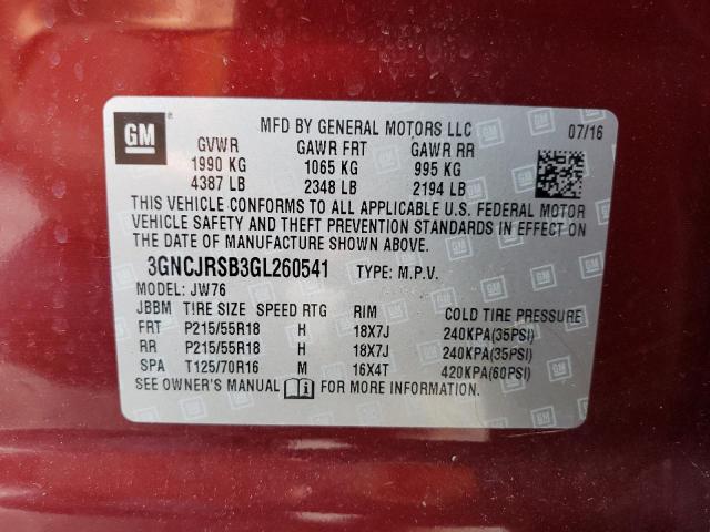 Photo 10 from auction – 2016 CHEVROLET TRAX LTZ with VIN 3GNCJRSB3GL260541