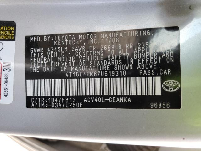 Photo 10 from auction – 2007 TOYOTA CAMRY CE with VIN 4T1BE46K67U619310