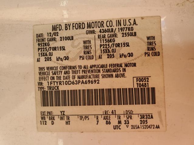 Photo 10 from auction – 2003 FORD RANGER with VIN 1FTYR10D63PA69692