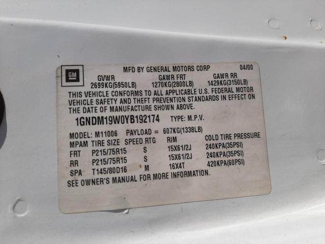 Photo 10 from auction – 2000 CHEVROLET ASTRO with VIN 1GNDM19W0YB192174