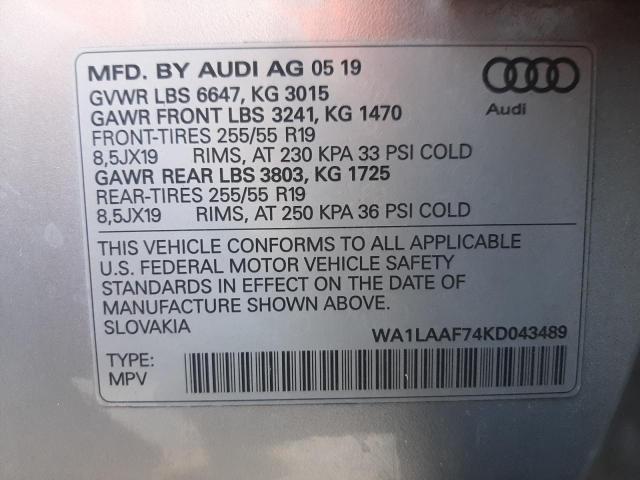 Photo 10 from auction – 2019 AUDI Q7 PREMIUM with VIN WA1LAAF74KD043489