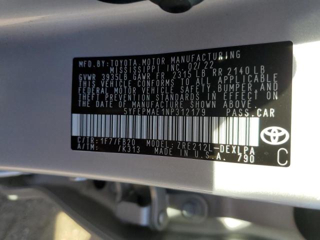 Photo 10 from auction – 2022 TOYOTA COROLLA LE with VIN 5YFEPMAE1NP312179