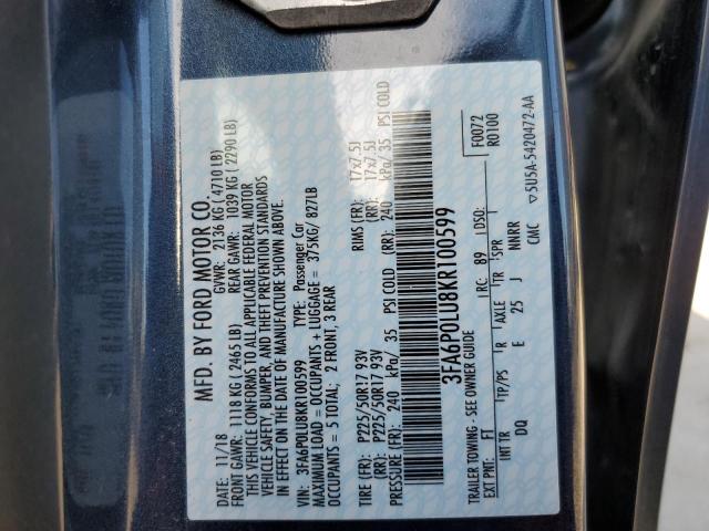 Photo 10 from auction – 2019 FORD FUSION SE with VIN 3FA6P0LU8KR100599