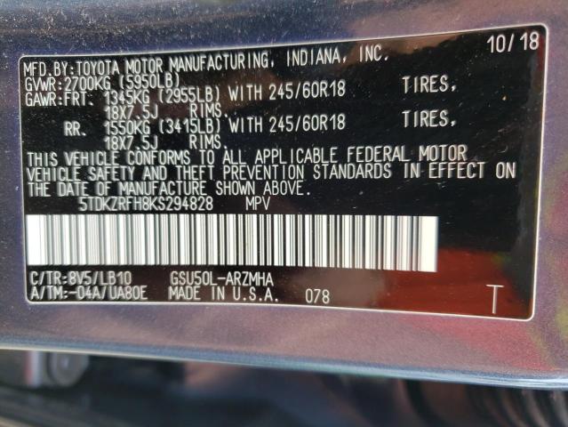 Photo 10 from auction – 2019 TOYOTA HIGHLANDER with VIN 5TDKZRFH8KS294828