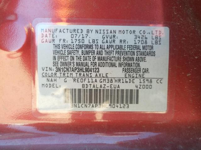 Photo 10 from auction – 2017 NISSAN VERSA S with VIN 3N1CN7AP3HL904123