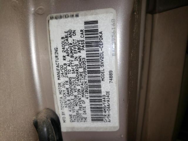 Photo 10 from auction – 2000 TOYOTA CAMRY CE with VIN 4T1BG22K7YU990353