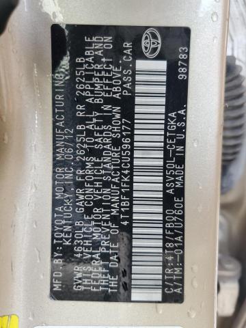 Photo 10 from auction – 2012 TOYOTA CAMRY BASE with VIN 4T1BF1FK4CU596177
