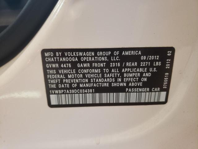 Photo 10 from auction – 2013 VOLKSWAGEN PASSAT SE with VIN 1VWBP7A39DC034381