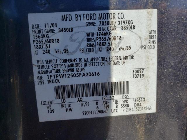 Photo 10 from auction – 2005 FORD F 150 with VIN 1FTPW12505FA30616