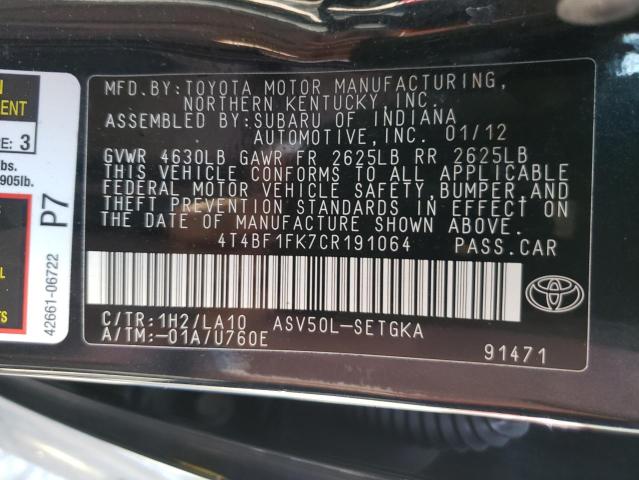 Photo 10 from auction – 2012 TOYOTA CAMRY BASE with VIN 4T4BF1FK7CR191064