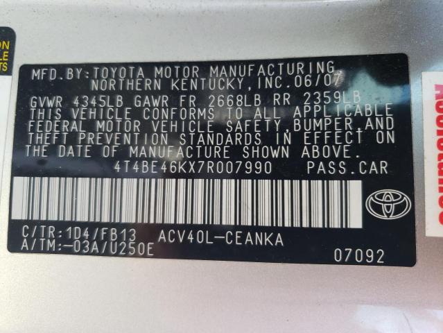 Photo 10 from auction – 2007 TOYOTA CAMRY CE with VIN 4T4BE46KX7R007990