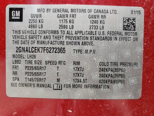 Photo 10 from auction – 2015 CHEVROLET EQUINOX LT with VIN 2GNALCEK7F6272365