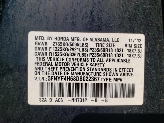 Photo 10 from auction – 2013 HONDA PILOT EXL with VIN 5FNYF4H68DB022367