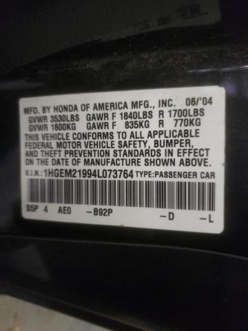Photo 10 from auction – 2004 HONDA CIVIC EX with VIN 1HGEM21994L073764