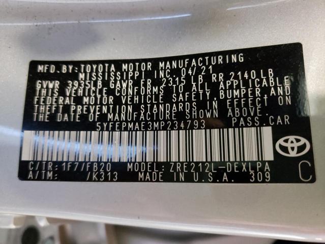 Photo 10 from auction – 2021 TOYOTA COROLLA LE with VIN 5YFEPMAE3MP234793