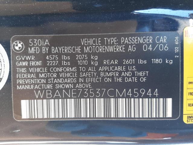 Photo 10 from auction – 2007 BMW 530 I with VIN WBANE73537CM45944