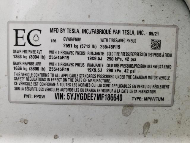 Photo 10 from auction – 2021 TESLA MODEL Y with VIN 5YJYGDEE7MF186640