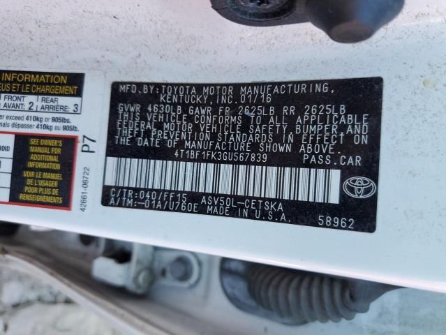 Photo 10 from auction – 2016 TOYOTA CAMRY LE with VIN 4T1BF1FK3GU567839
