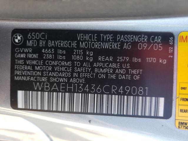 Photo 10 from auction – 2006 BMW 650 I with VIN WBAEH13436CR49081
