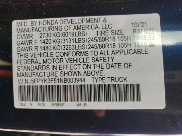 Photo 10 from auction – 2022 HONDA RIDGELINE with VIN 5FPYK3F51NB003944