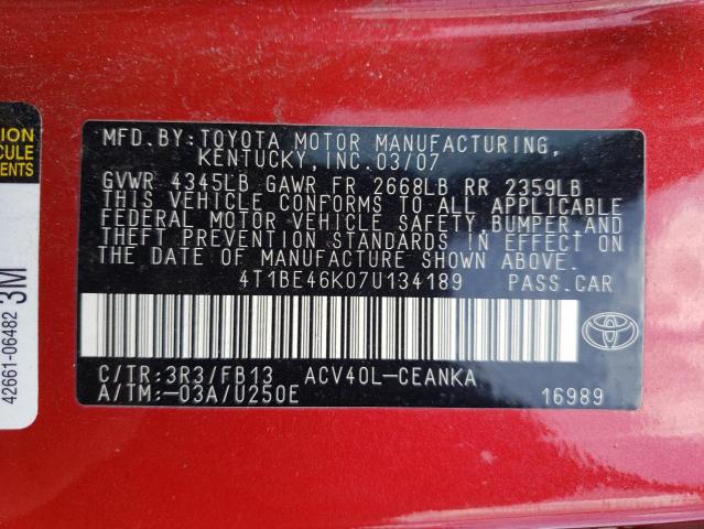Photo 10 from auction – 2007 TOYOTA CAMRY CE with VIN 4T1BE46K07U134189