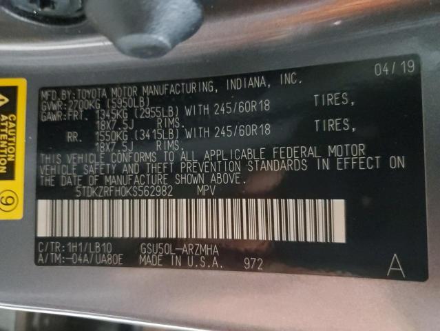 Photo 10 from auction – 2019 TOYOTA HIGHLANDER with VIN 5TDKZRFH0KS562982