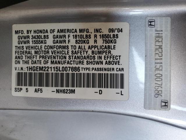 Photo 10 from auction – 2005 HONDA CIVIC with VIN 1HGEM22115L007686