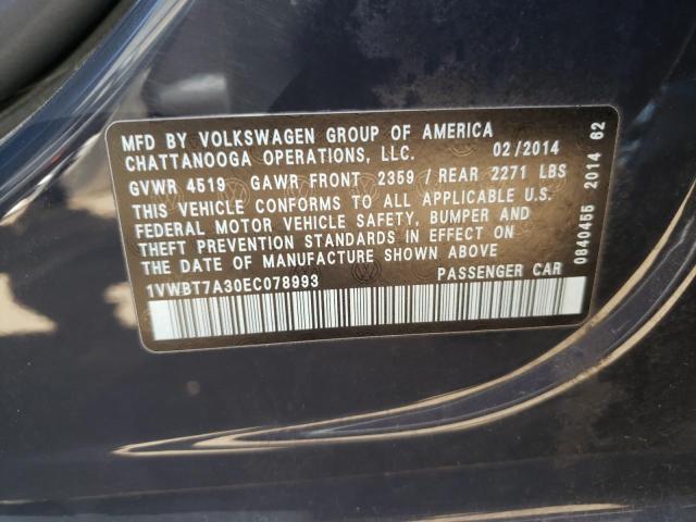 Photo 10 from auction – 2014 VOLKSWAGEN PASSAT SE with VIN 1VWBT7A30EC078993
