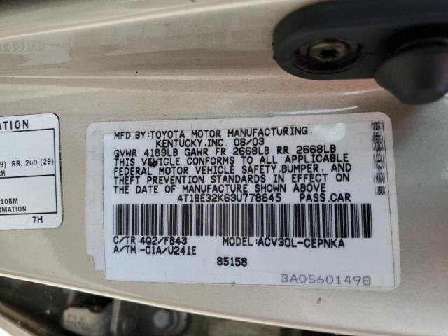 Photo 10 from auction – 2003 TOYOTA CAMRY with VIN 4T1BE32K63U778645