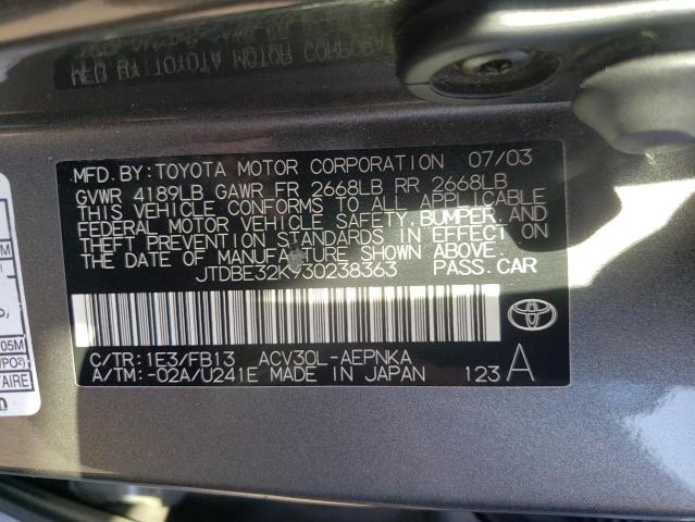 Photo 10 from auction – 2003 TOYOTA CAMRY LE with VIN JTDBE32K930238363