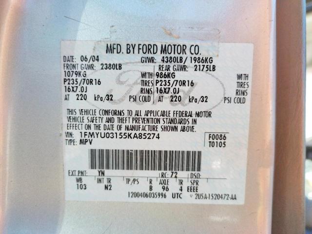 Photo 10 from auction – 2005 FORD ESCAPE XLT with VIN 1FMYU03155KA85274