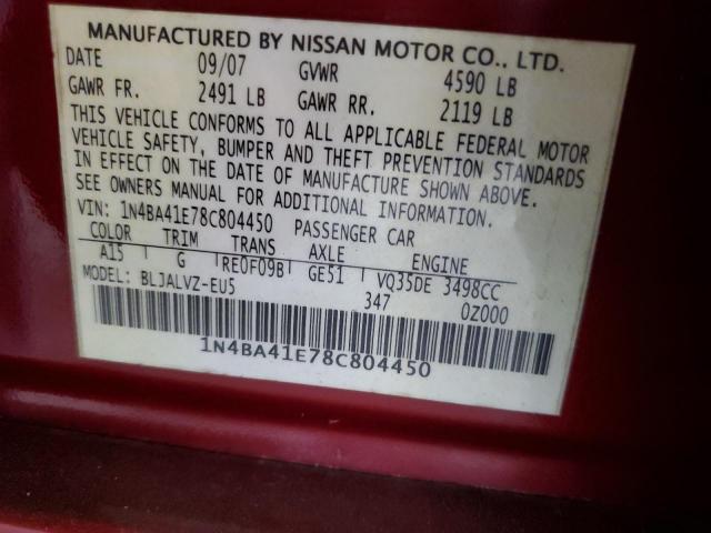 Photo 10 from auction – 2008 NISSAN MAXIMA SE with VIN 1N4BA41E78C804450