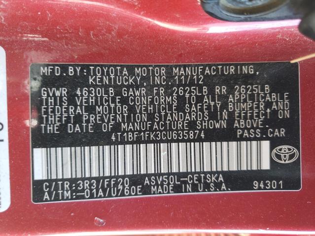 Photo 10 from auction – 2012 TOYOTA CAMRY BASE with VIN 4T1BF1FK3CU635874