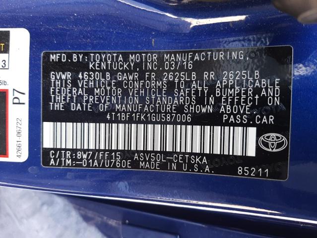 Photo 10 from auction – 2016 TOYOTA CAMRY LE with VIN 4T1BF1FK1GU587006