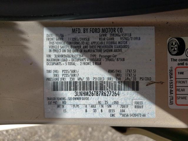 Photo 10 from auction – 2007 LINCOLN MKZ with VIN 3LNHM26T87R627264