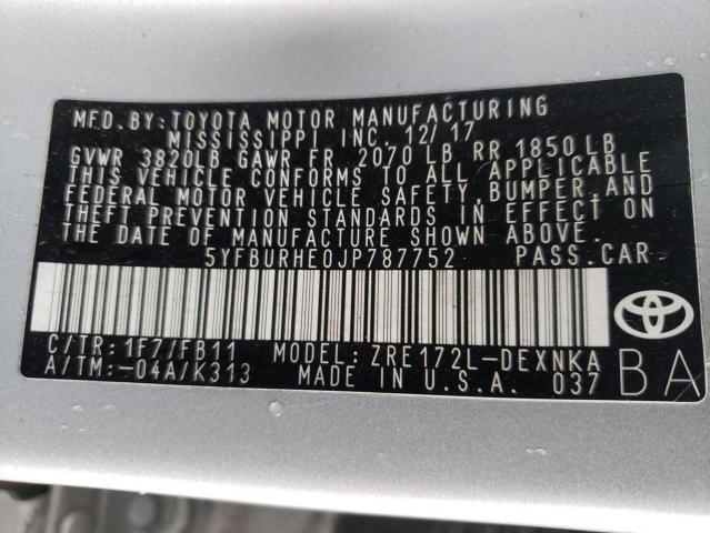 Photo 10 from auction – 2018 TOYOTA COROLLA L with VIN 5YFBURHE0JP787752