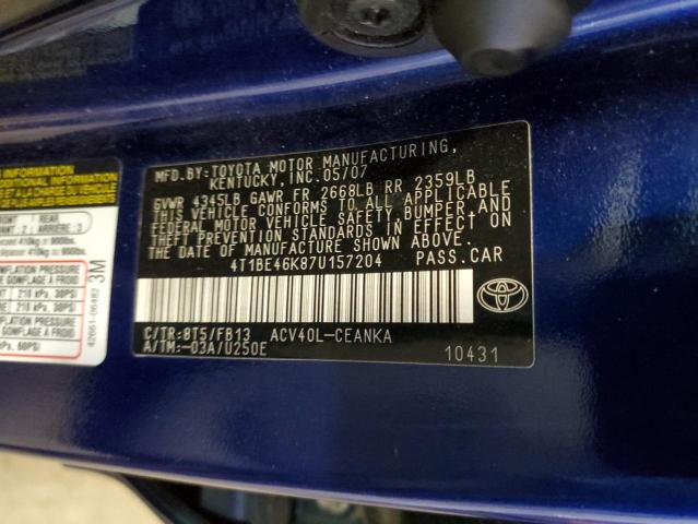 Photo 10 from auction – 2007 TOYOTA CAMRY CE L with VIN 4T1BE46K87U157204