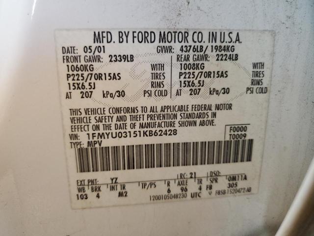 Photo 10 from auction – 2001 FORD ESCAPE XLT with VIN 1FMYU03151KB62428