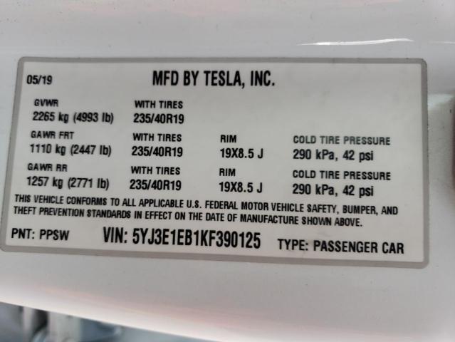 Photo 10 from auction – 2019 TESLA MODEL 3 with VIN 5YJ3E1EB1KF390125